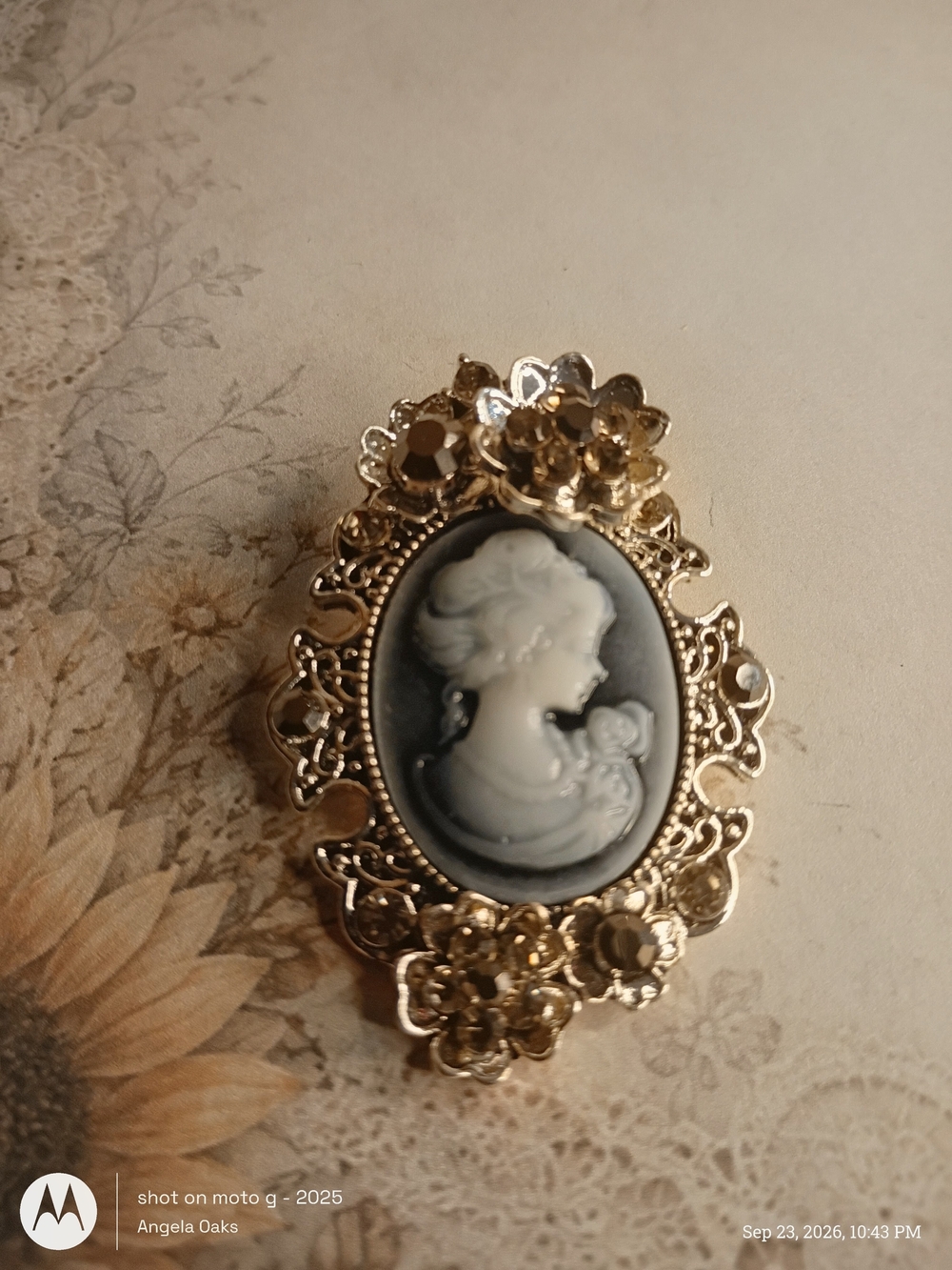 Gold-Tone Black & White Cameo Floral Brooch - Women's Jewelry
